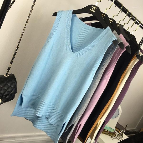 

women knit vests sleeveless loose v-neck candy color simplee korean style sweater casual elegant knitwear pillovers spring1, Black;white