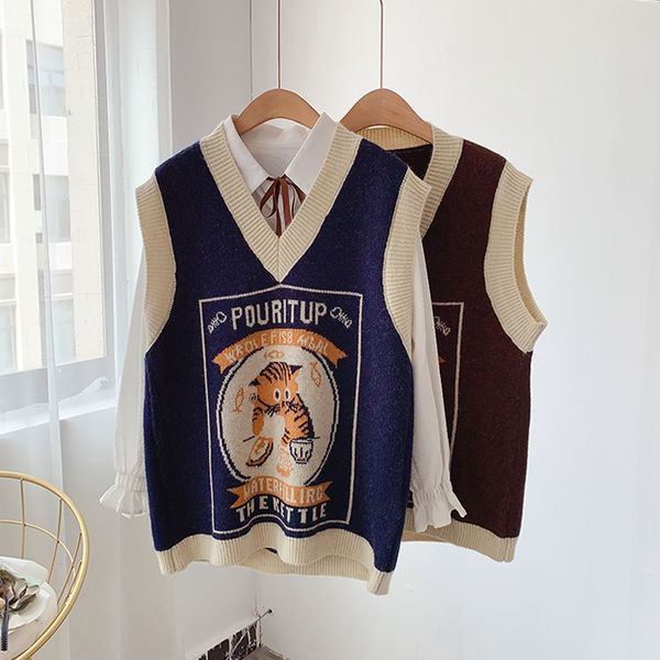 

kawaii cartoon japan style sweater vest women sleeveless v-neck tank casual sweet girls autumn new design warm winter y201128, White;black