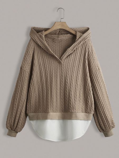 

plus cable textured contrast hem drop shoulder 2 in 1 hoodie w7bu#, Black