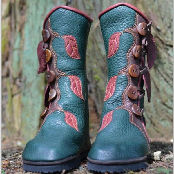 

women knee high boots ethic shoes woman chaussure round toe zapatos mujer sapato gladiator vintage pu leather booties hp1674, Black