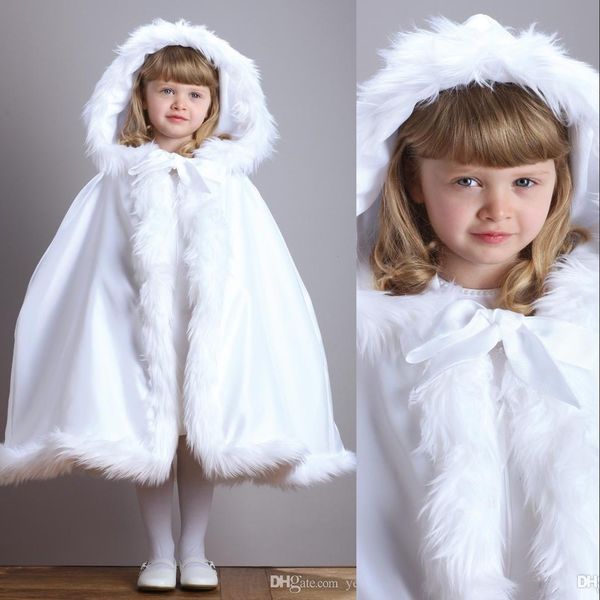 Mit Kapuze Blumen Mädchen Cape heiß für Hochzeit Umhänge Weihnachten weiß Elfenbein Kunstpelz Winter Hochzeit Jacke Wraps benutzerdefinierte kostenloser Versand Tee Länge