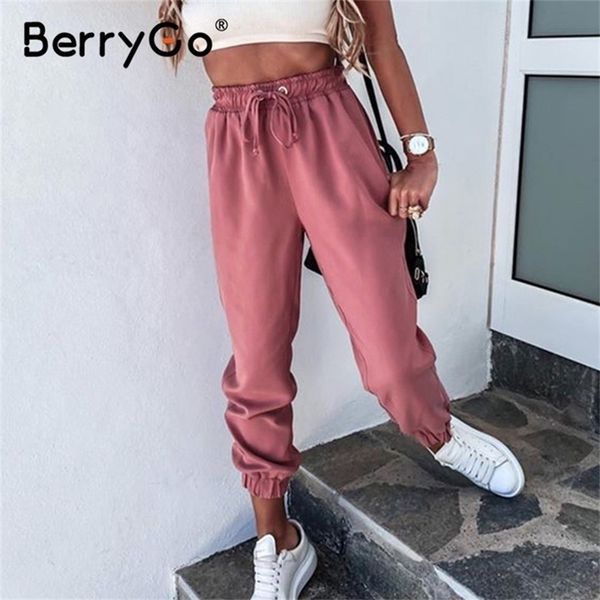 

berrygo solid color lace up women's sports pants women jogger loose harem pants home wear pink running sweatpants summer 201118, Black;white