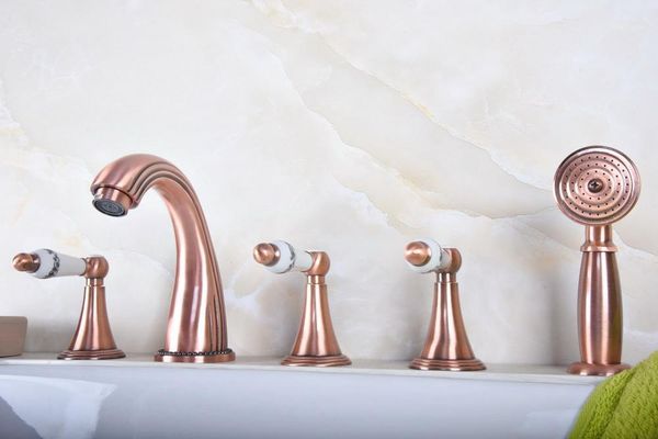 

antique red copper brass widespread 5 hole bathroom roman tub bath faucet with telephone style hand held shower head atf1941