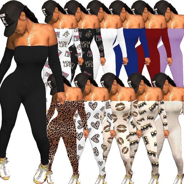 

2021 women jumpsuits off shoulder designer slim love pattern letters leopard printed valentine day ladies new fashion rompers, White