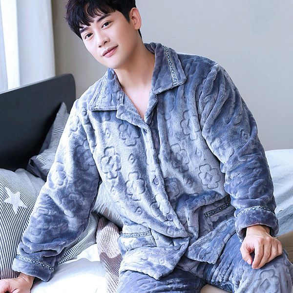 

h5896 large size men pajamas suit flannel autumn winter coral fleece student sleepwear long sleeve comfortable thick nightgown, Black;brown