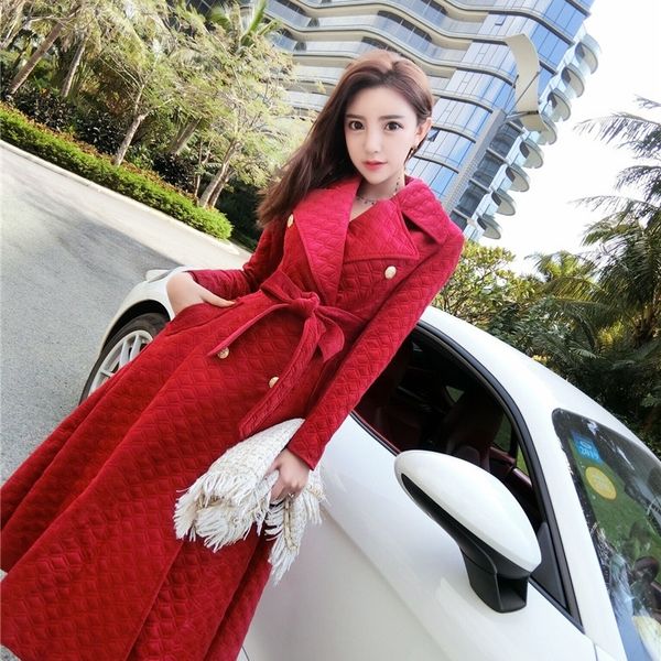 

autumn winter burgundy velvet long overcoat women's notched collar outwear vintage thick maxi trench coat r131 201028, Tan;black
