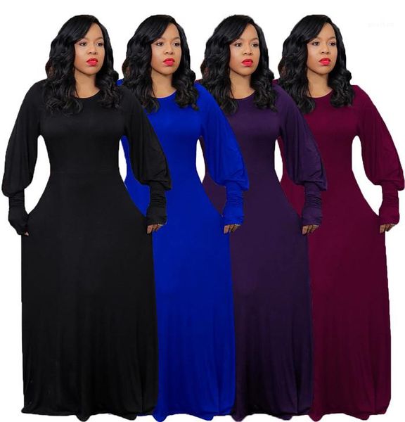 

dresses womens designer high waist o neck solid color casual dress autumn fashion women long dresses lantern sleeve maxi, Black;gray