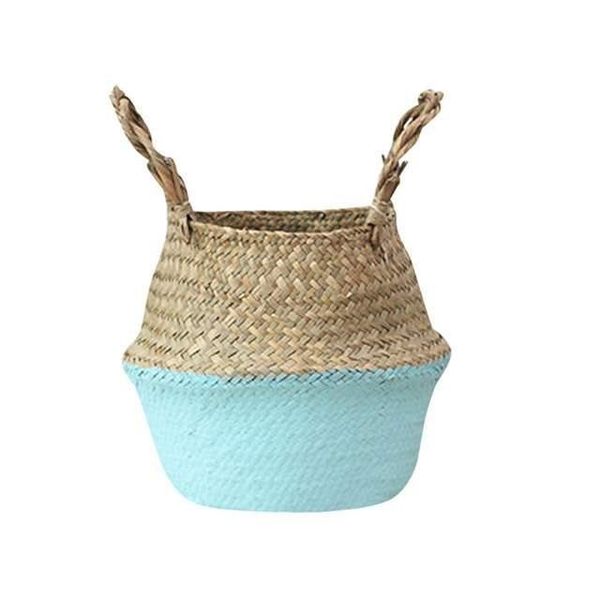 

household foldable natural seagrass woven storage baskets garden flower vase hanging basket with handle storage bellied basket q wmtpot