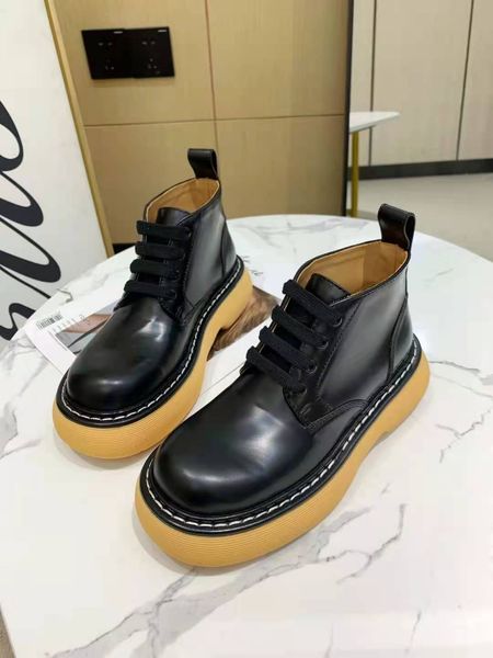 

2021 latest spring and summer women's lefu boot shoes big shoes mona same tie thick bottom muffin authentic leather shoes 40-42, Black