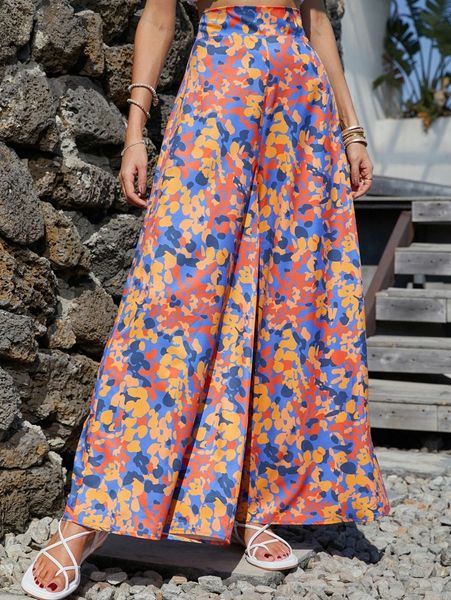 

random print wide leg pants j7eb#, Black;white