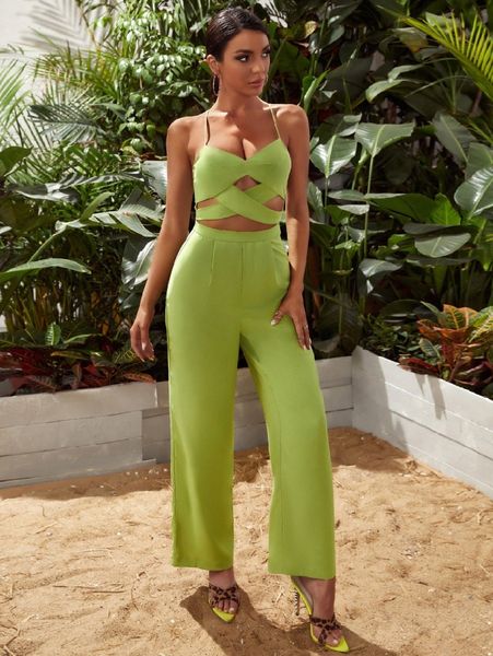 

cut out crisscross front cami jumpsuit g03q#, White