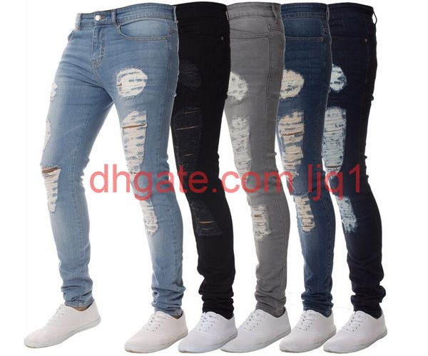 

mens solid color distressed biker cool jeans fashion slim ripped washed pencil pants mens jeans male high street jeans, Blue