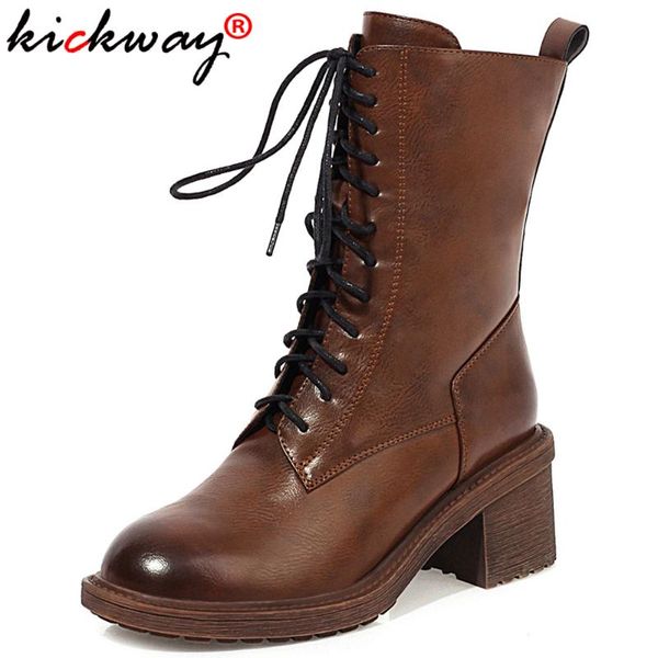

boots kickway lace up pu leather women ankle round toe motorcycle chunky high heels shoes large sizes 40 booties woman, Black