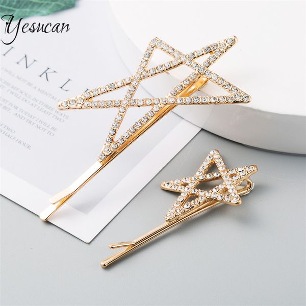 

hyperbole fashion alloy crystal big small pentagram hairpin set 2020 side clip jewelry hairwear clip two-piece set gift, Golden;silver