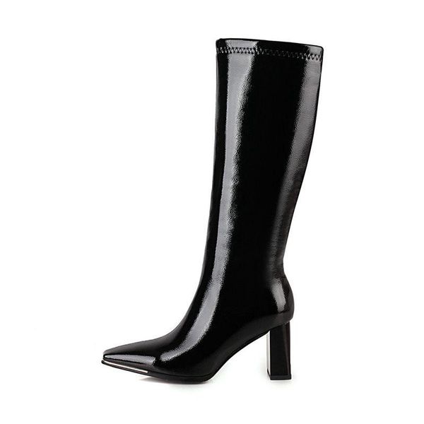 

boots fashion block heel long patent leather chunky high metal square toe knee women woman winter shoes, Black