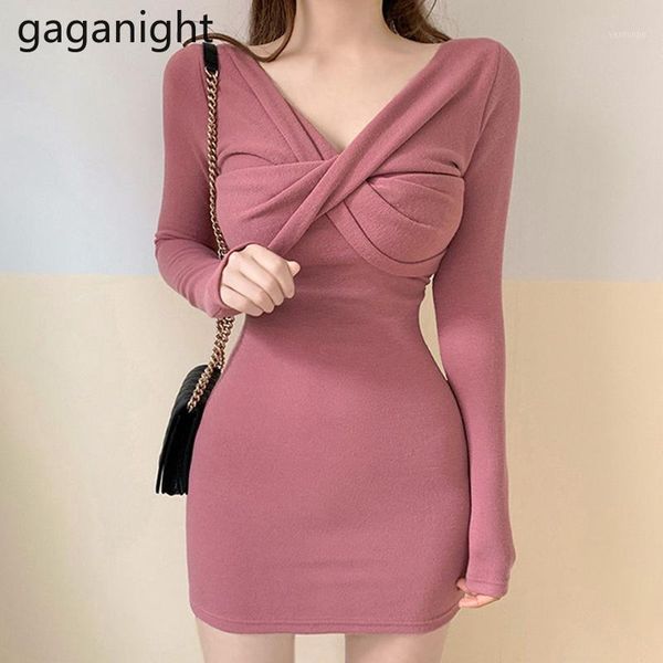 

gaganight deep v neck women mini short dress long sleeve korean lady slim dresses spring autumn fashion solid vestidos 20211, Black;gray