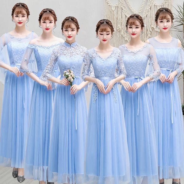 

women elegant a-line ankle-length hollow out handmade floral belt mesh gray pink blue long ceremony bridesmaid dress 9749, White;pink