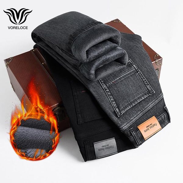 

voreloce high-quality denim cotton men's fitted straight winter fleece thick warm jeans youth business casual jeans black gray, Blue