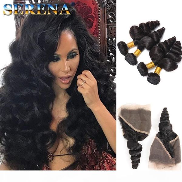 

ear to ear lace frontal with 4 bundles brazilian loose wave curly virgin malaysian wavy human hair weaves closures frontal with bundles, Black;brown