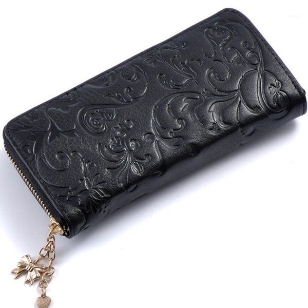 

wallets women's leather flower long wallet handbag organizer holder zipper bag phone pouch1, Red;black