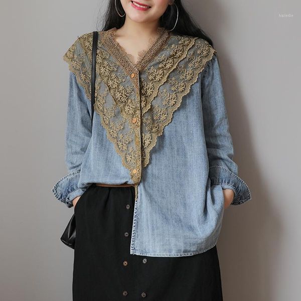 

johnature vintage lace shirts 2020 new spring women clothes v-neck blouse full sleeve leisure loose concise denim ladies 1, White