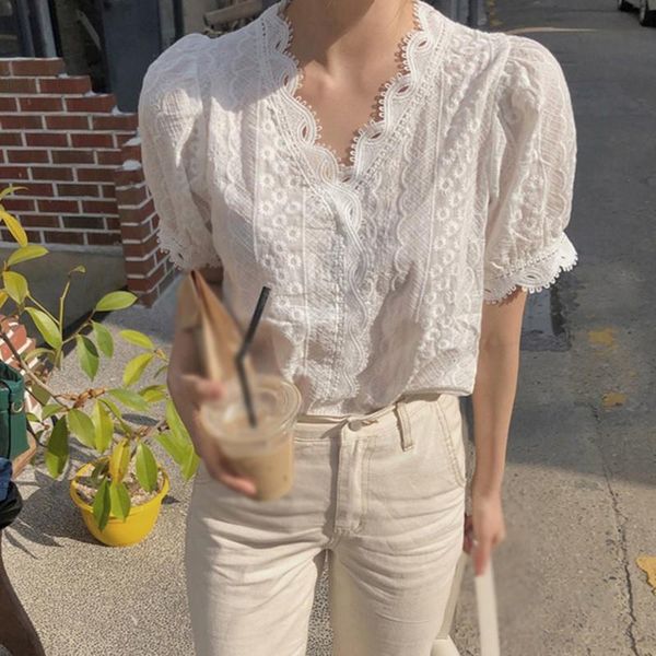 

summer women lace hollow out blouse v-neck casual short sleeve blouse sweet loose solid shirt female, White