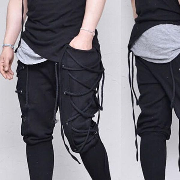 

men pants sweat pants sports sweatpants casual drawstring pants elastic mens slim long men casual, Black