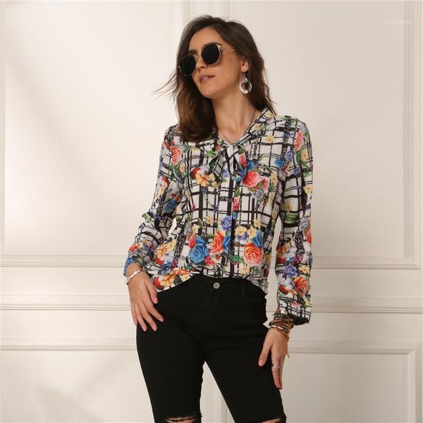 

women's blouses elegant print office women shirt 2020 fashion blouse women long sleeve bow collar 2020 spring1, White