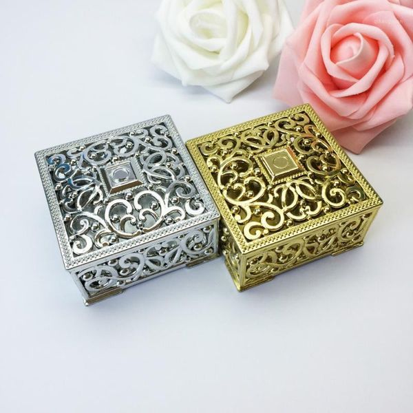 

12pcs new creative wedding candy box square hollow square plastic gift boxes gold and silver plating candy boxes1
