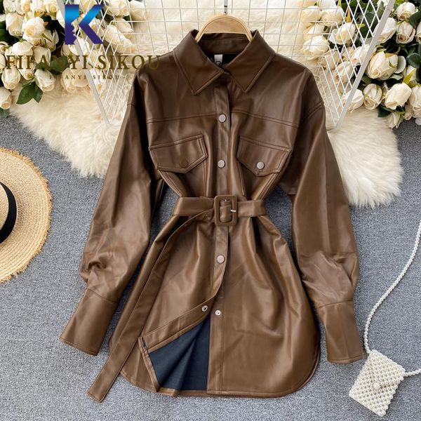 

pu leather jacket women autumn new fashion lapel belt long sleeve loose outerwear female faux leather jackets coat, Black