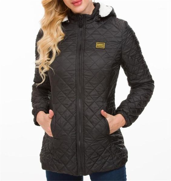 

long-style cotton jacket coats with prismatic lattice cap european and american women's fashion slim cotton jacket lamb velvet1, Black