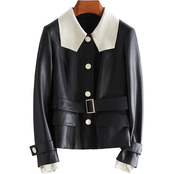 

quality real sheepskin leather high jackets short korean slim women's leather jacket elegant coat female jaqueta de couro zjt475, Black