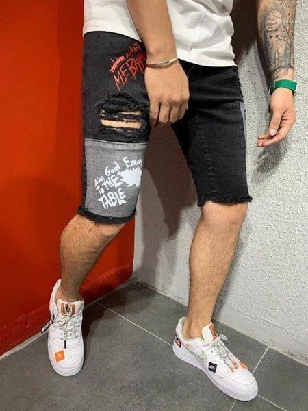 

men's jeans ripped shorts with black text - generation denim short1, Blue
