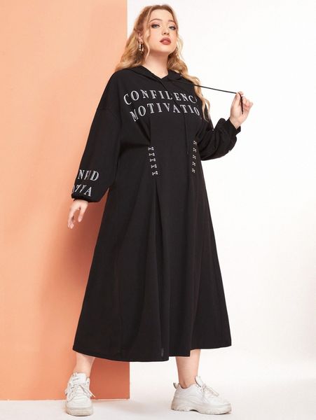 

plus slogan print drawstring sweatshirt dress s4wn#, Black