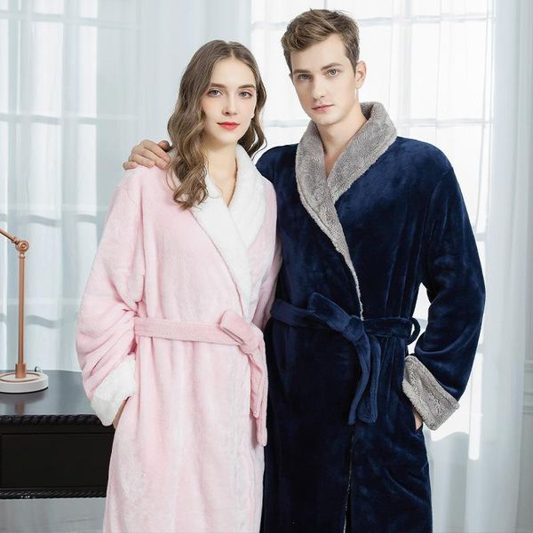 

women's sleepwear men winter plus size warm coral fleece hooded bathrobe flannel kimono extra long bath robe night dressing gown women, Black;red
