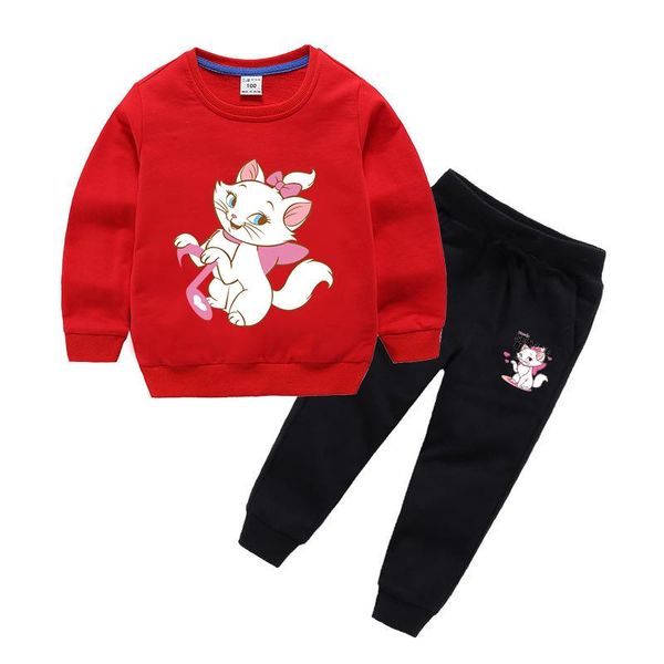 

2 to 10 cartoon marie animal cat design children's funny sweatshirts pants sets girls cute kids casual clothes for baby, White