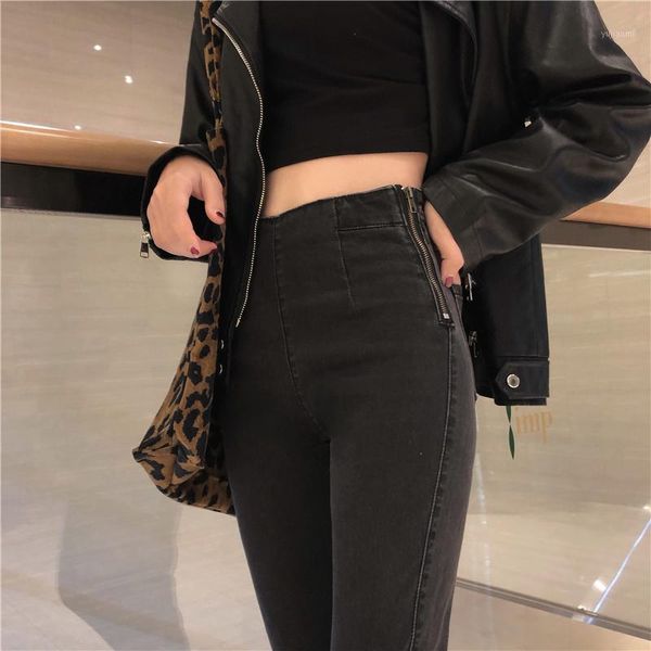 

2020 new year early spring models side zipper high waist stretch slim feet denim pencil pants women1, Blue