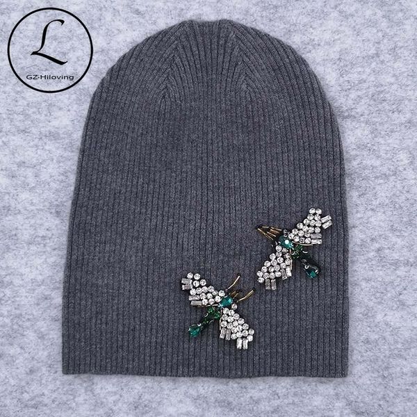 

gzhilovingl women bug rhinestones knitted beanies hats soft cotton wool stretch ribbed skullies hats and caps for female girls y200102, Blue;gray