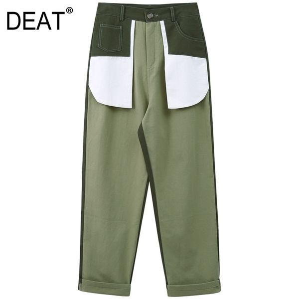 

[deat] high elastic waist spliced pocket hit color trousers new loose fit pants women fashion tide spring summer 2020 lj201130, Black;white
