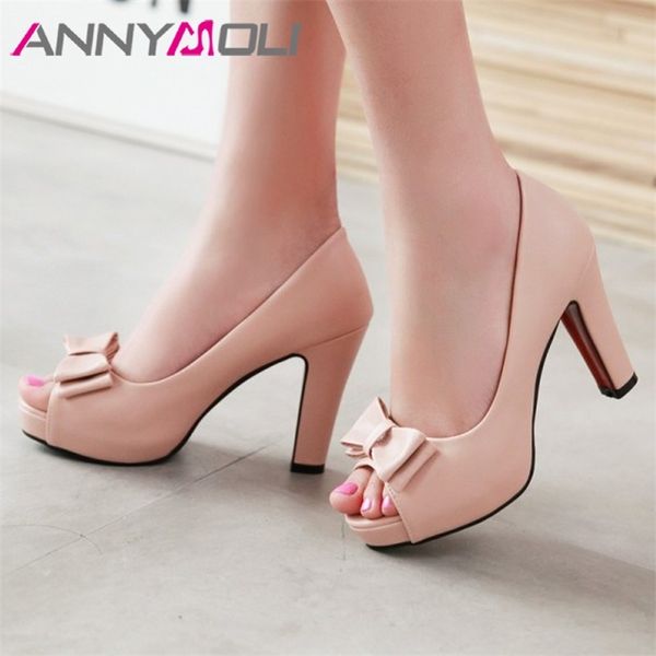

annymoli women pumps high heels platform open toe bow women party shoes peep toe high heels luxury women shoes size 43 33 spring y200111, Black