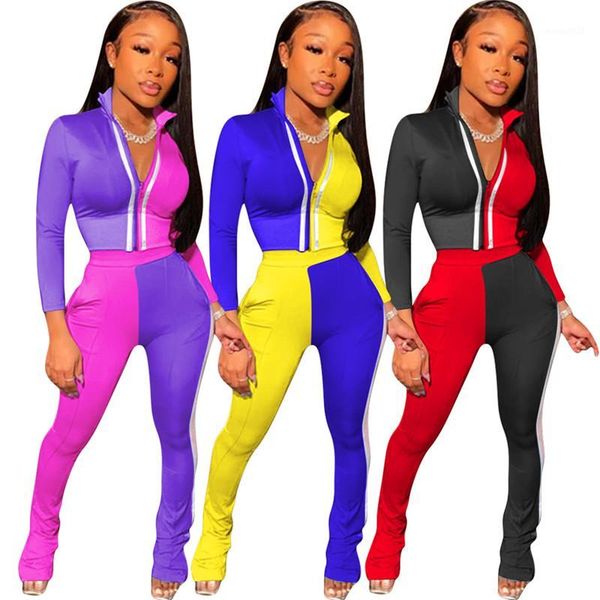 

women's tracksuits fashion women's sets autumn winter long sleeve warm suit zipper v collar crop pants loose style color patchwor, Gray