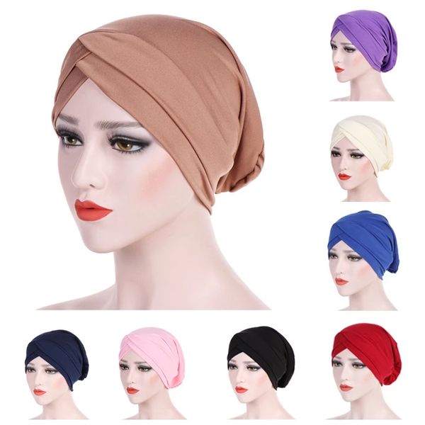 Müslüman moda kadın başörtüsü elastik kumaş pamuk Hindistan cap çapraz eşarp iç başörtüsü kap bandı türban kafa eşarp headwrap
