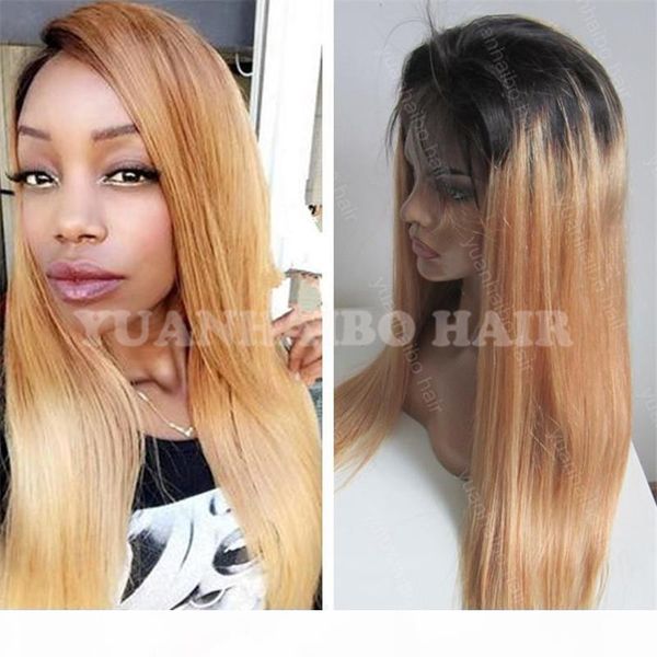 

8a grade 1bt27 silky straight virgin peruvian hair honey blonde ombre front lace wig ing, Black;brown