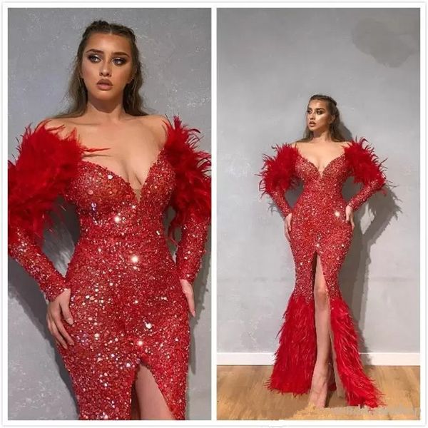 

designer red luxurious crystals evening dresses feather major beads sequins mermaid prom dress high split formal party robe de mariÃ©e, Black;red