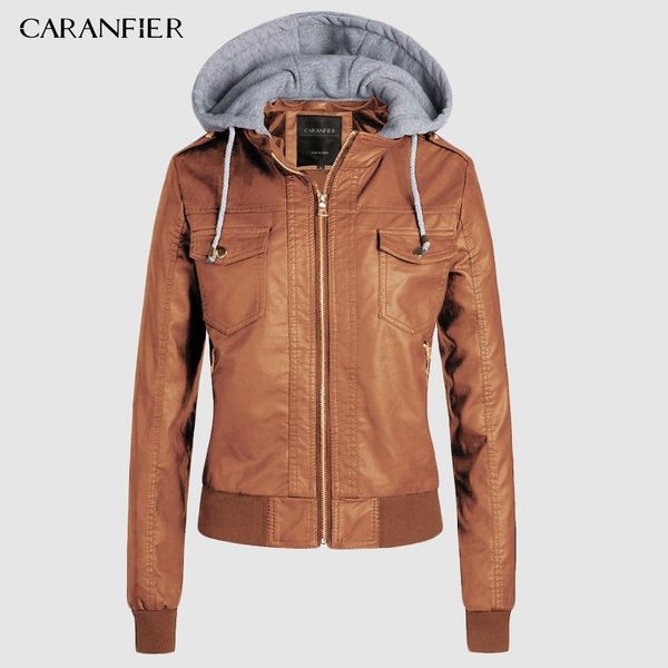 

caranfier hooded faux leather jacket women spring zipper ladies suede motorcycle punk biker jackets street sleeve biker jacket 201030, Black