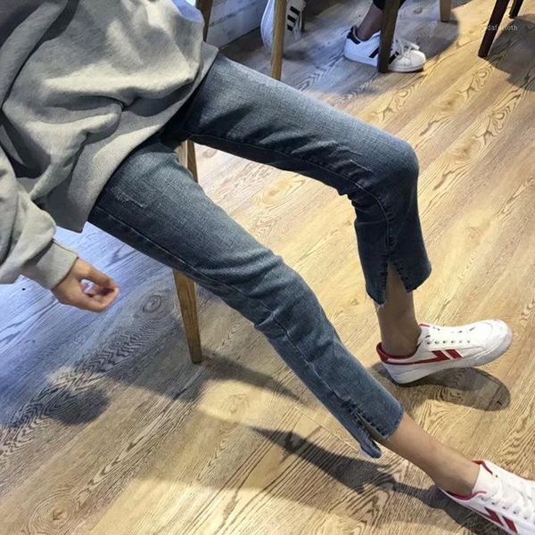 

women's slashed pencil pants high waist slim fitting denim trousers irregular slit thin ankle-length jeans plus large size s-5xl1, Blue