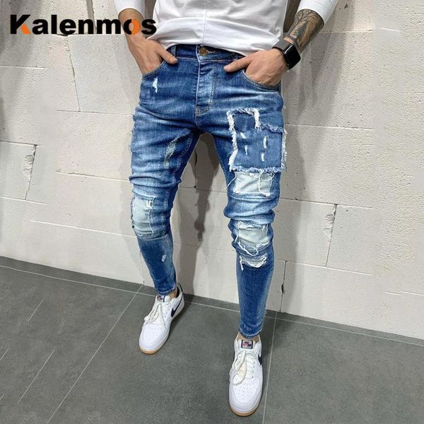 

men's jeans men hole skinny jean printed slim pencil pants streetwear autumn winter clothes hip hop denim trouser 2021, Blue