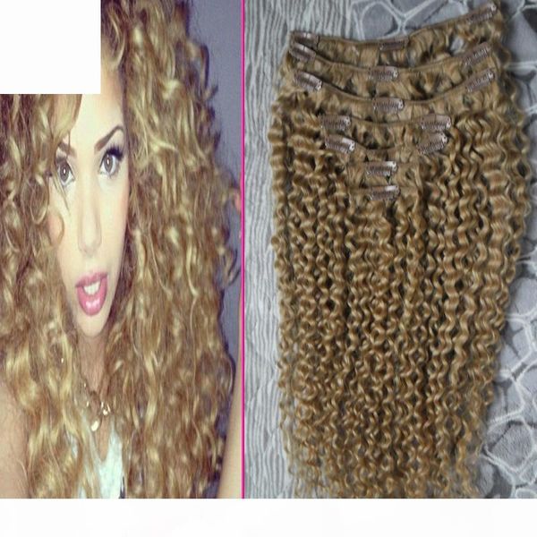 

afro kinky clip in extensions clip in human hair extensions 7pcs honey blond kinky curly african american clip in human hair extensions, Black;brown