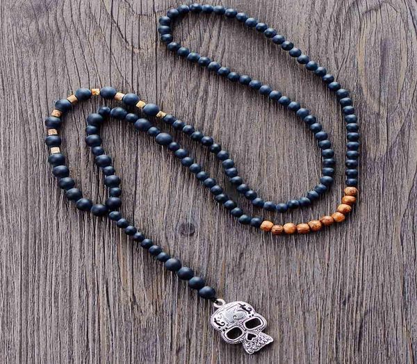 

мужчины готические ожерелье матовый черный оникс дерево черепа подвеска mens четки ожерелье из бисера мужские стимпанк ювелирные изделия dro, Golden;silver