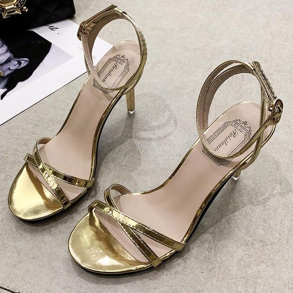

sandals gold women's one word buckle high heels fashion open toe solid party shoes, Black